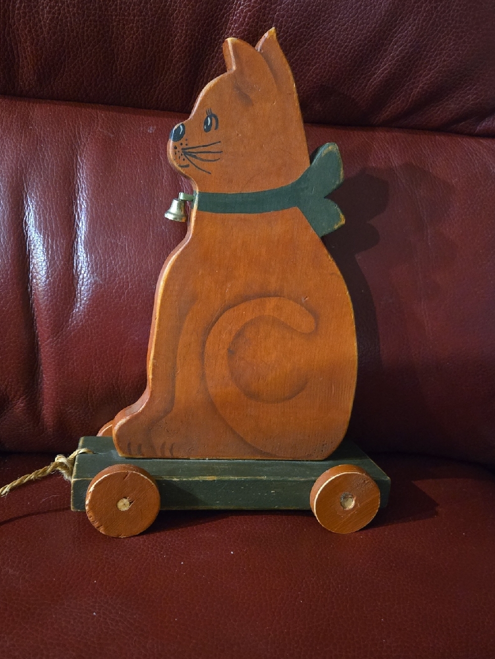 Vintage Folk Art Hand-Painted Orange Wooden Cat Pull Toy with Green Scarf & Bell